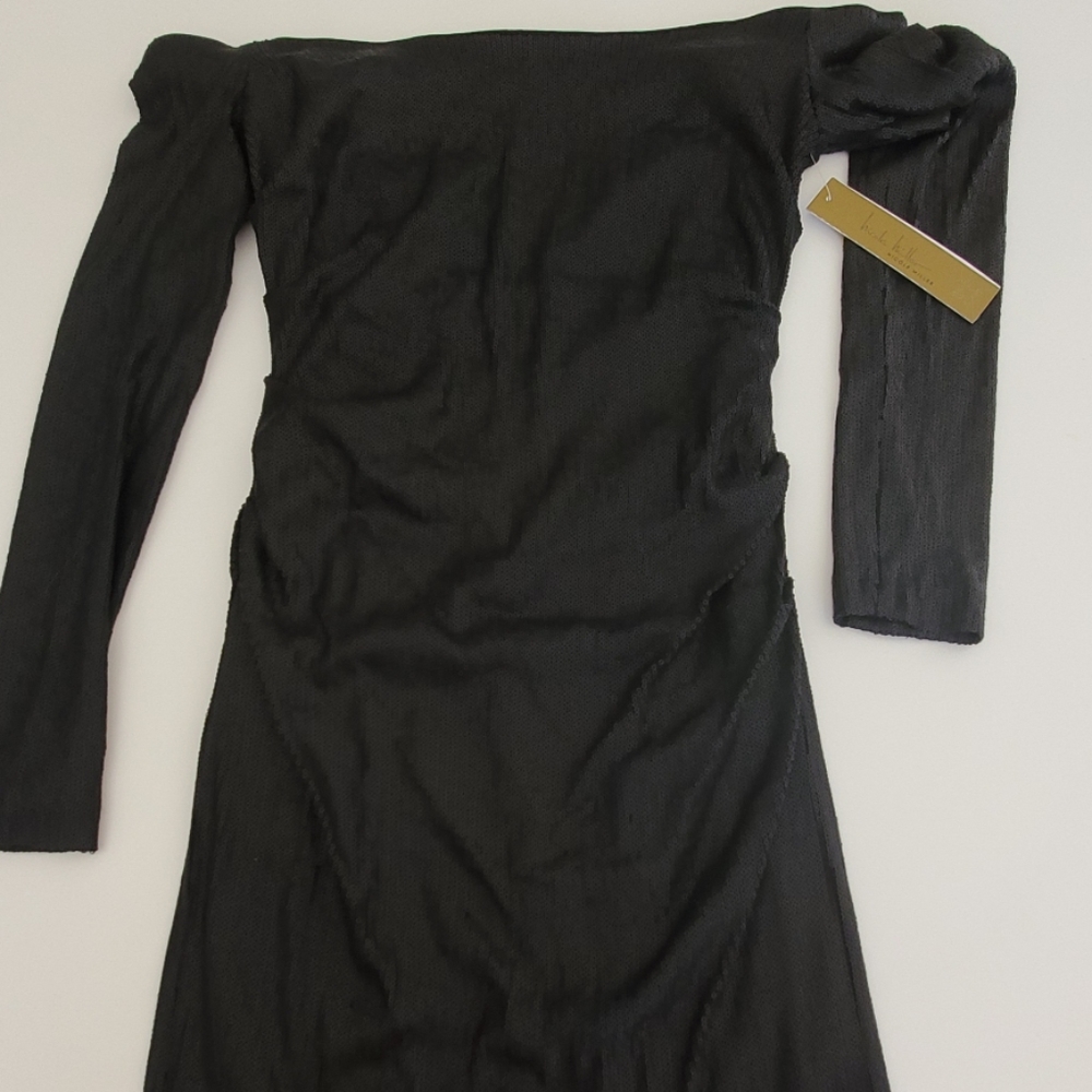 Nicole Miller Off Shoulder Black Sequin Dress